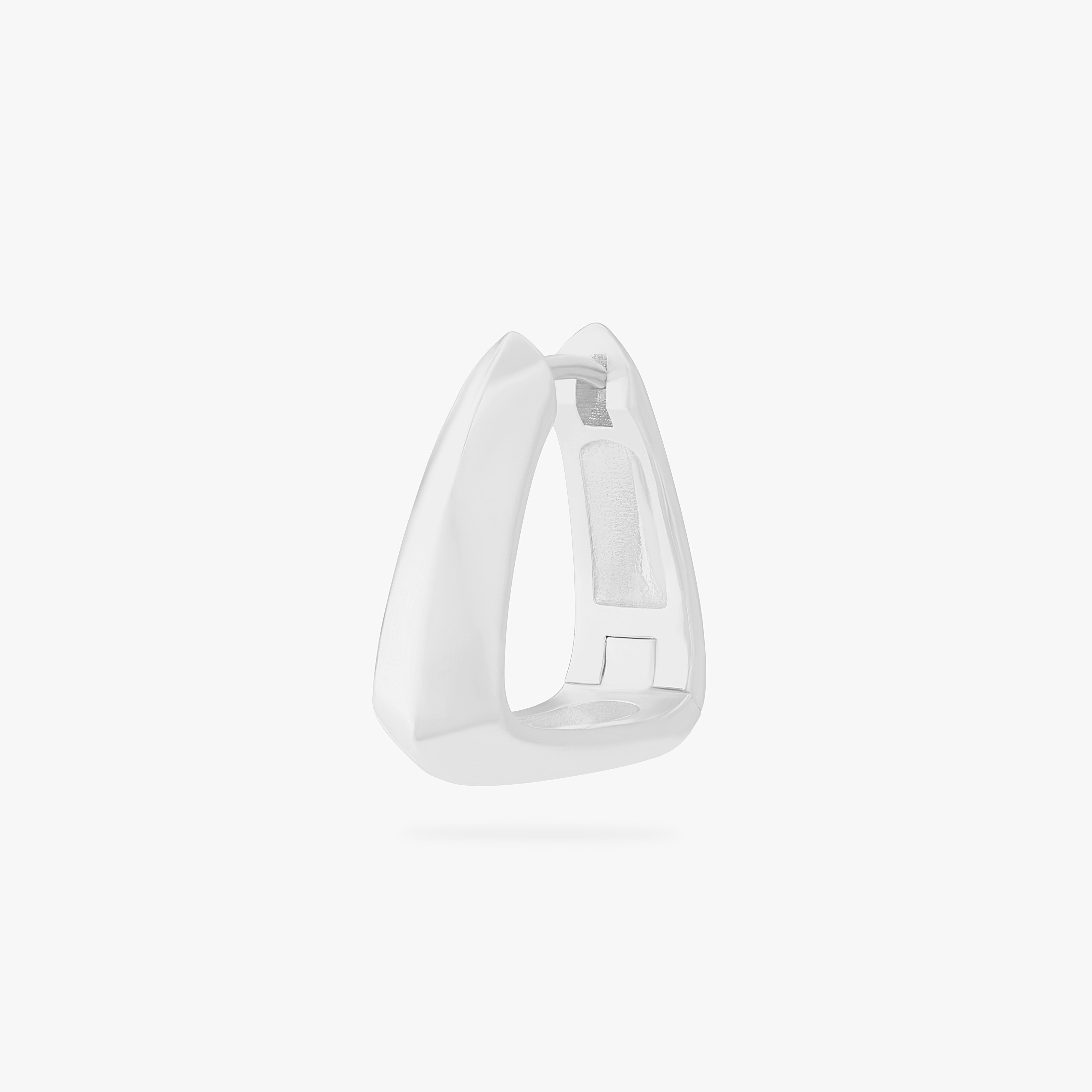 This is an image of a silver toned triangle-shaped hoop. color:null|silver