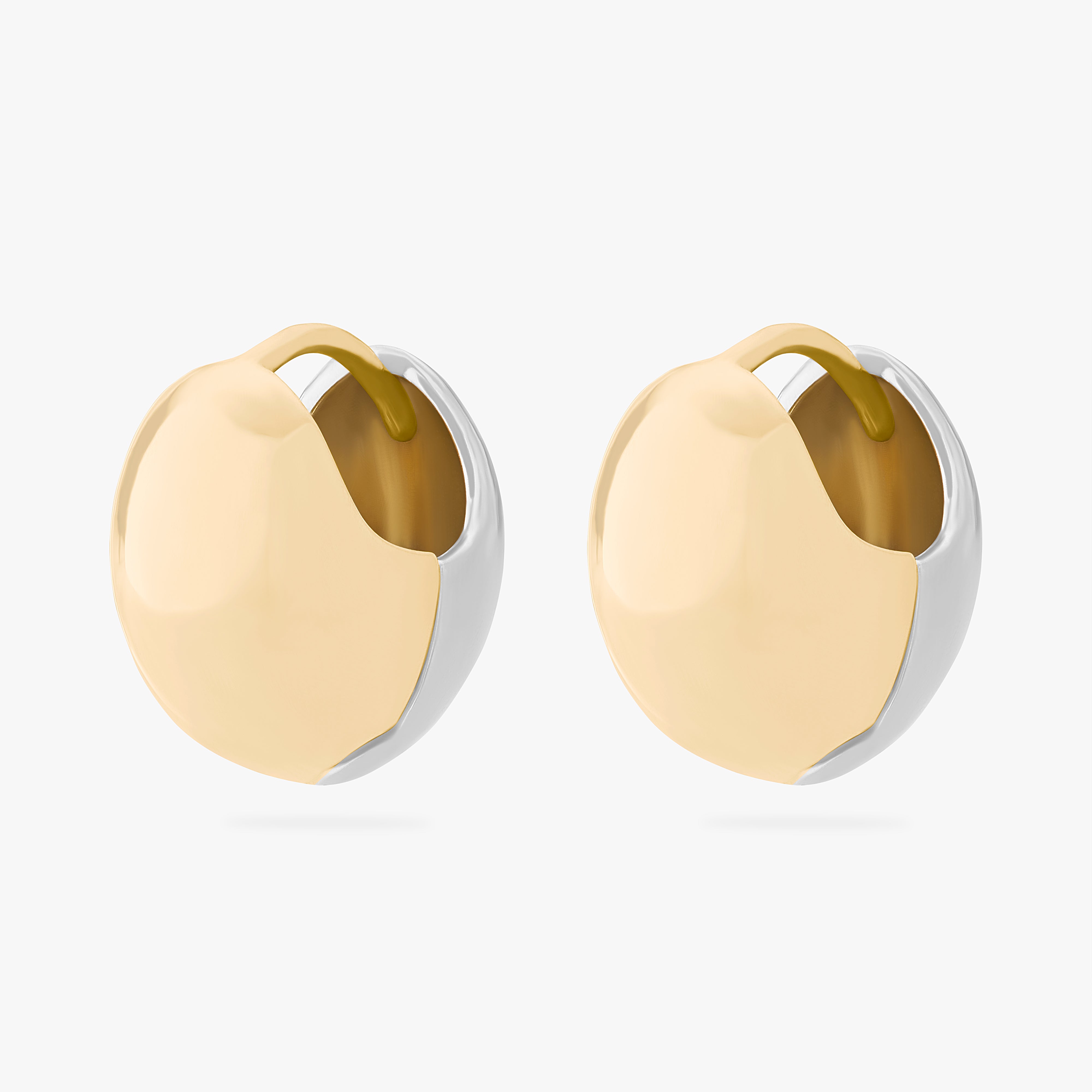 This is an image of a pair of two-toned gold and silver huggies that are chunky and crescent shaped. [pair] color:null|gold/silver