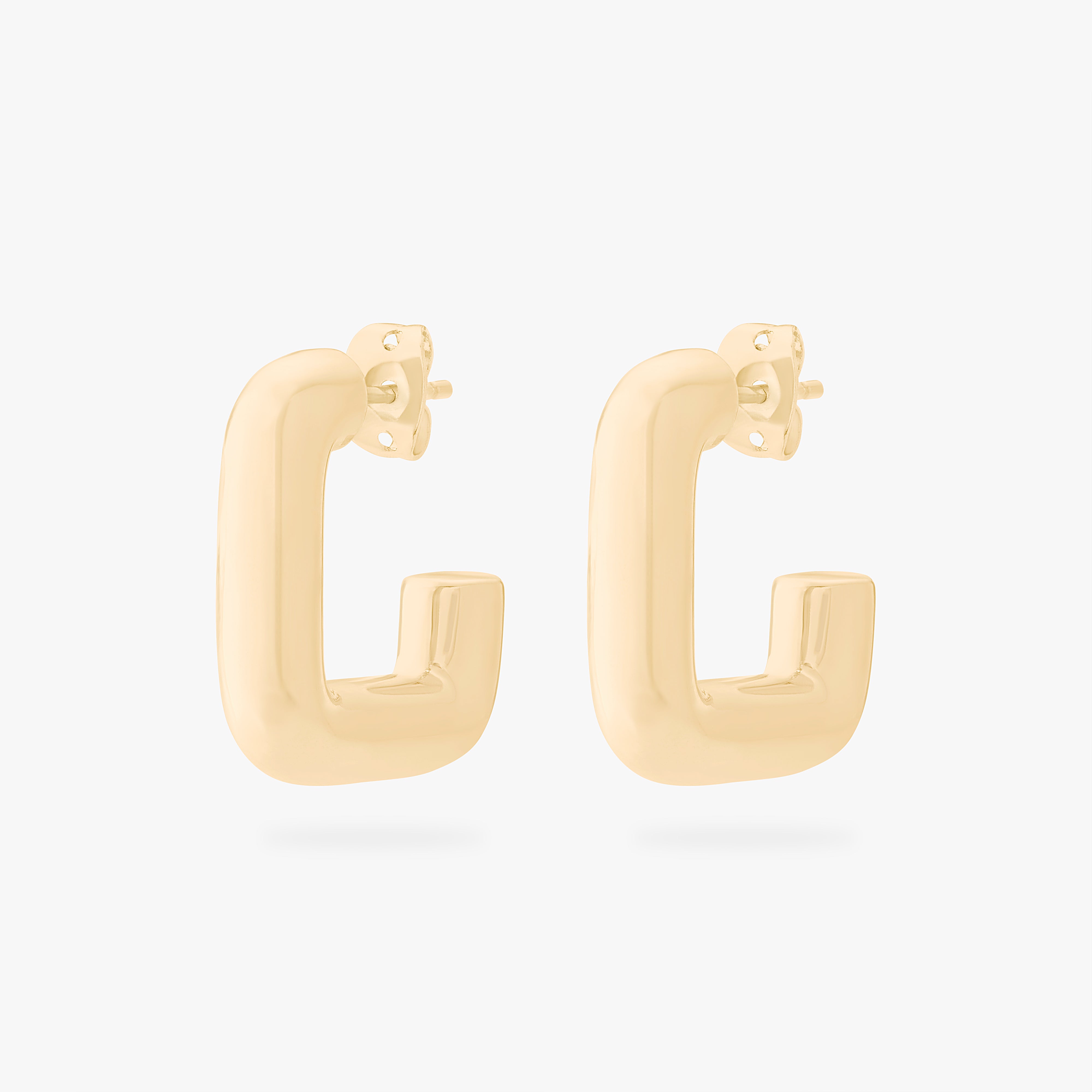 This is an image of a pair of gold toned square hoops with butterfly backs. [pair] color:null|gold
