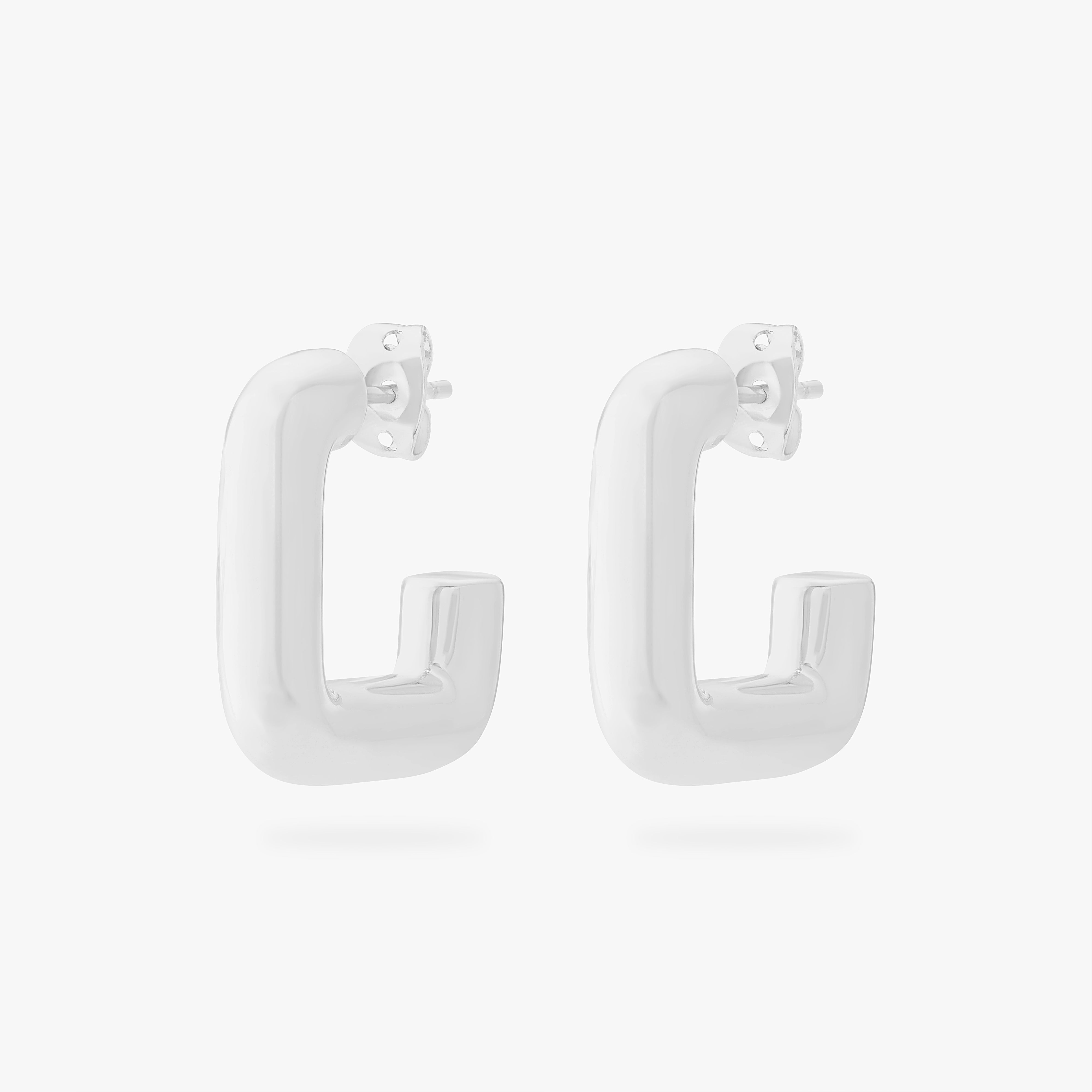 This is an image of a pair of silver toned square hoops with butterfly backs. [pair] color:null|silver