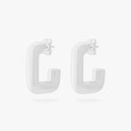 This is an image of a pair of silver toned square hoops with butterfly backs. [pair] color:null|silver