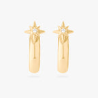 This is an image of a pair of 14K gold plated studs with twinkle stars with  crystal CZs that are shaped like hoops against a white background.