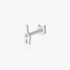 This is an image of a silver-toned titanium flatback stud in the shape of a cat. This flatback stud is reversible, and this image features the backside of the cat with a pink CZ stone on the post backing.