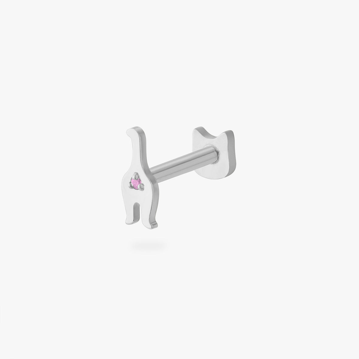 This is an image of a silver-toned titanium flatback stud in the shape of a cat. This flatback stud is reversible, and this image features the backside of the cat with a pink CZ stone on the post backing.