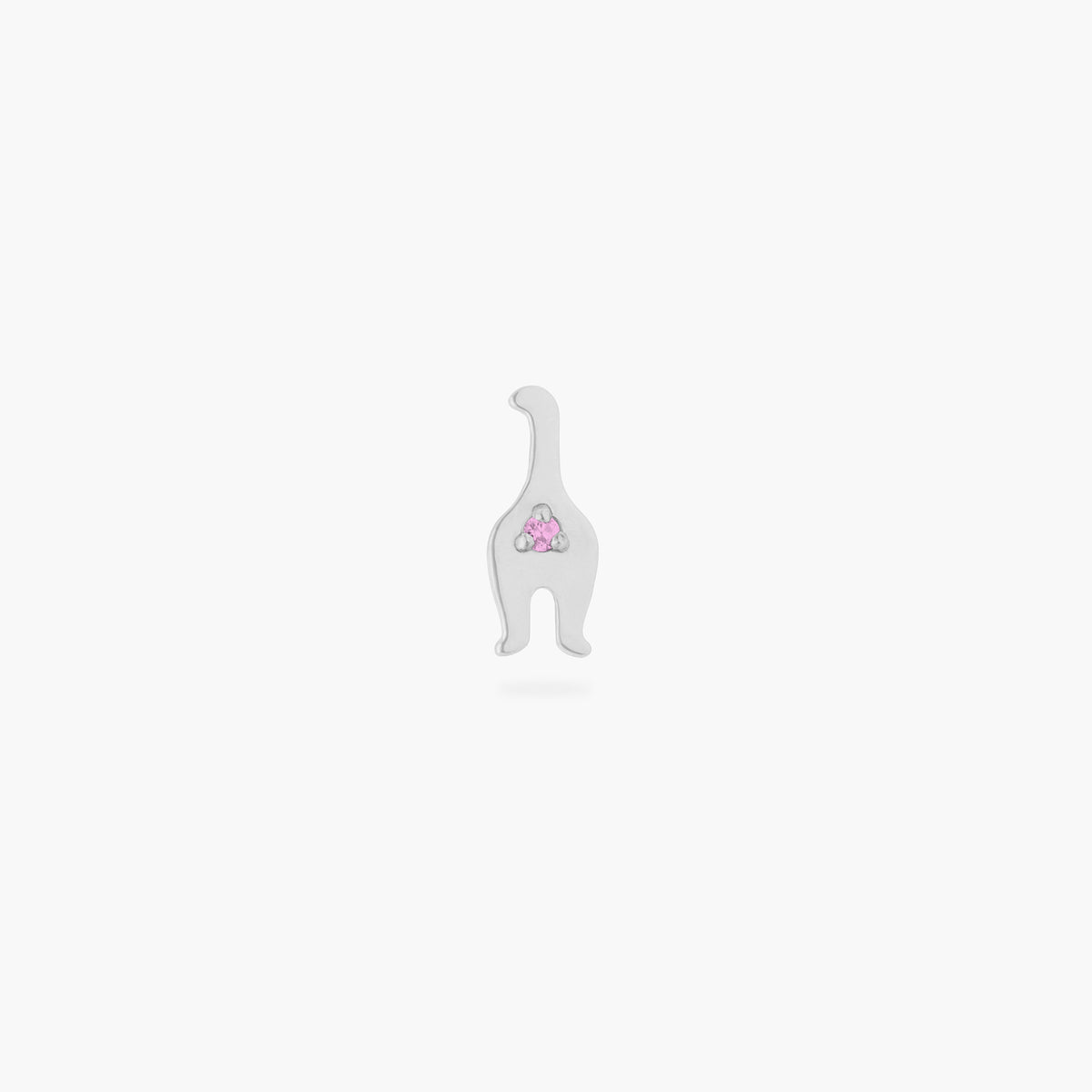 This is an image of a silver toned titanium flatback stud that is shaped like a cat. This flatback post is shaped to resemble a rear end of the kitten, featuring a pink CZ gemstone on the post backing.