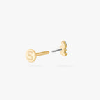 This is an image of a gold-toned titanium flatback stud with 3 micro baguette cut stones placed in a cluster. This image shows the earring facing away from the camera, separated from the flatback post.