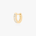 This is an image of a 14K gold plated huggie earring with 4 baguette cut, bezel set crystal CZs along the edge. 