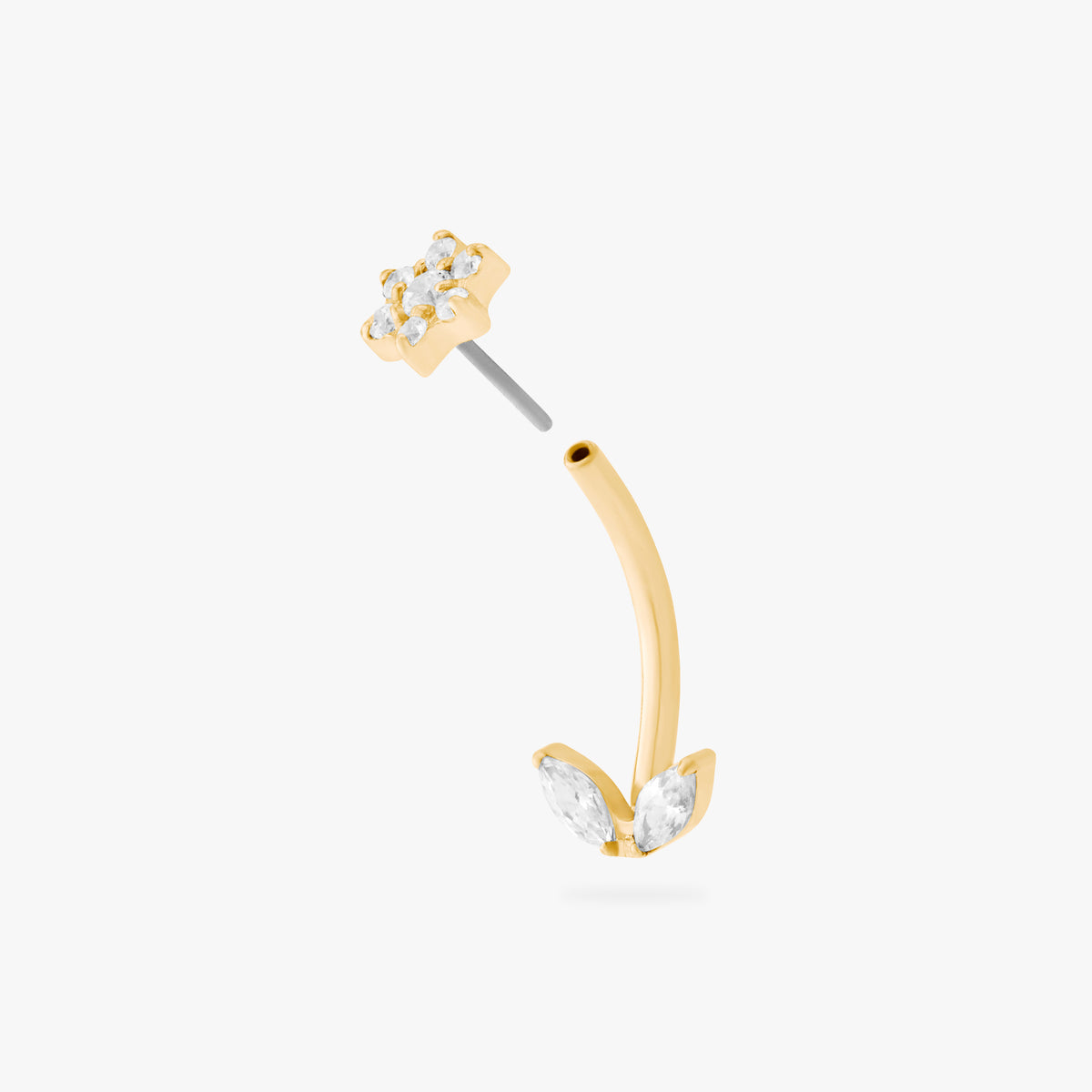 This is an image of a gold-toned titanium curved barbell with crystal CZs in the shape of a flower on one end of the bar, and crystal CZs in the shape of leaves on the other end of the bar. This image has the end of the barbell with the CZ flowers separated from the rest of the earring.