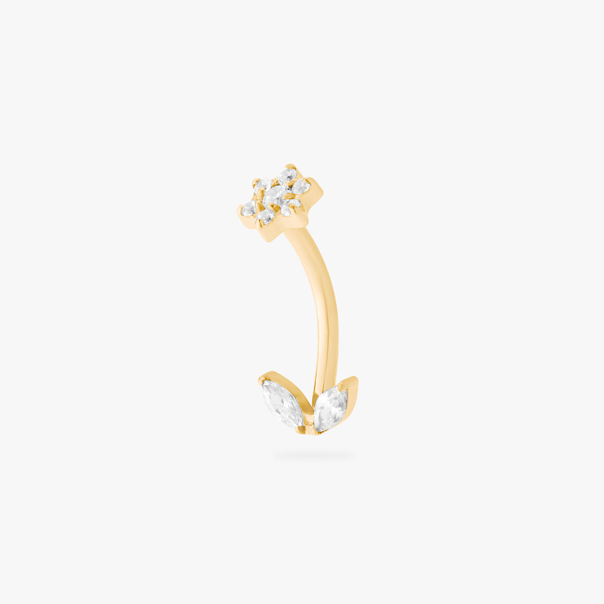 This is an image of a gold-toned titanium curved barbell with crystal CZs in the shape of a flower on one end of the bar, and crystal CZs in the shape of leaves on the other end of the bar. 
