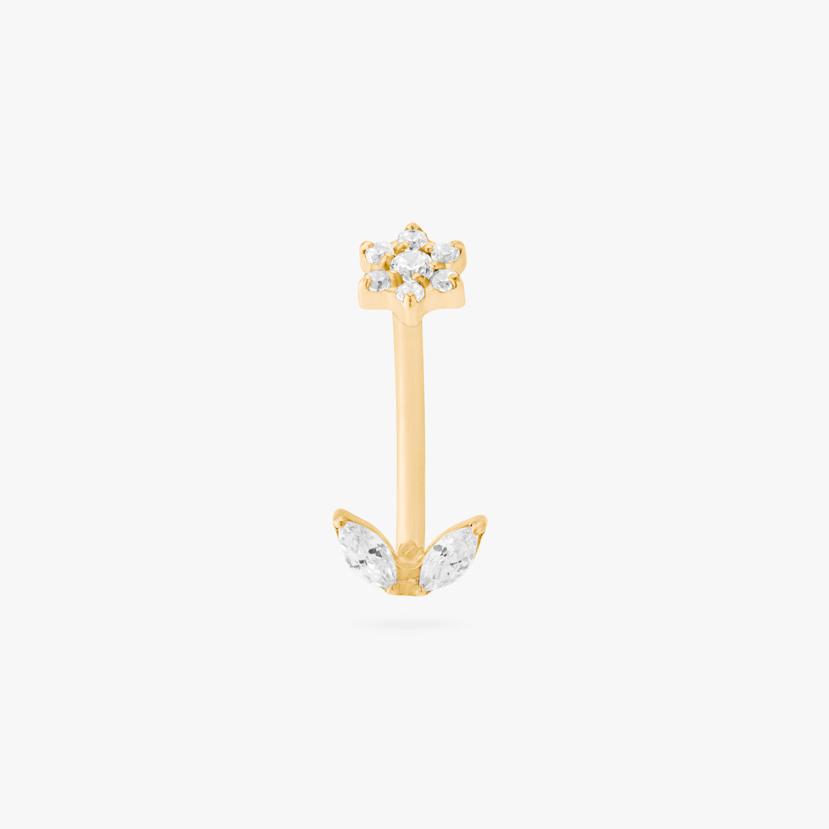 This is an image of a gold-toned titanium curved barbell with crystal CZs in the shape of a flower on one end of the bar, and crystal CZs in the shape of leaves on the other end of the bar. 