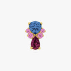 This image show the front view of the anodized triangle crown flatback. the flatback has a blue cz stone on the top, a pear red cz stone on the bottom and four  pink cz circular stones on each side of the earring. 