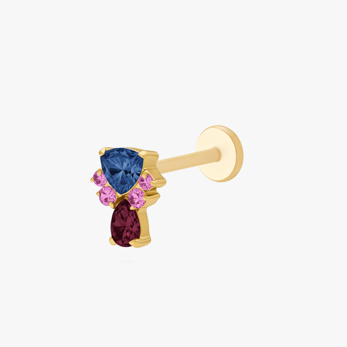 This image show the side view of the anodized triangle crown flatback. the flatback has a blue cz stone on the top, a pear red cz stone on the bottom and four  pink cz circular stones on each side of the earring. 