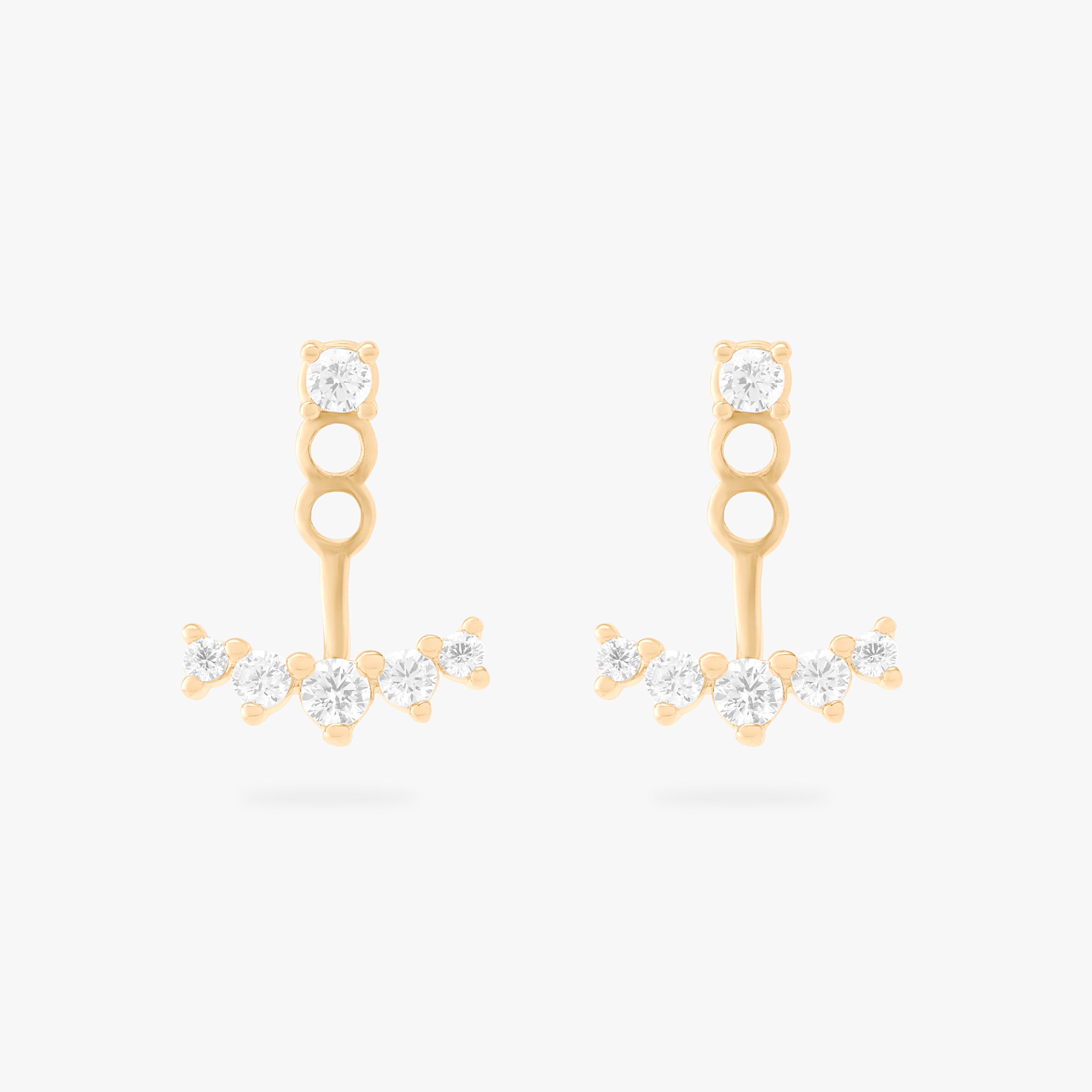 This is an image of a pair of gold-toned jackets for studs that are composed of CZs in the shape of a crown. [pair] color:null|gold/clear