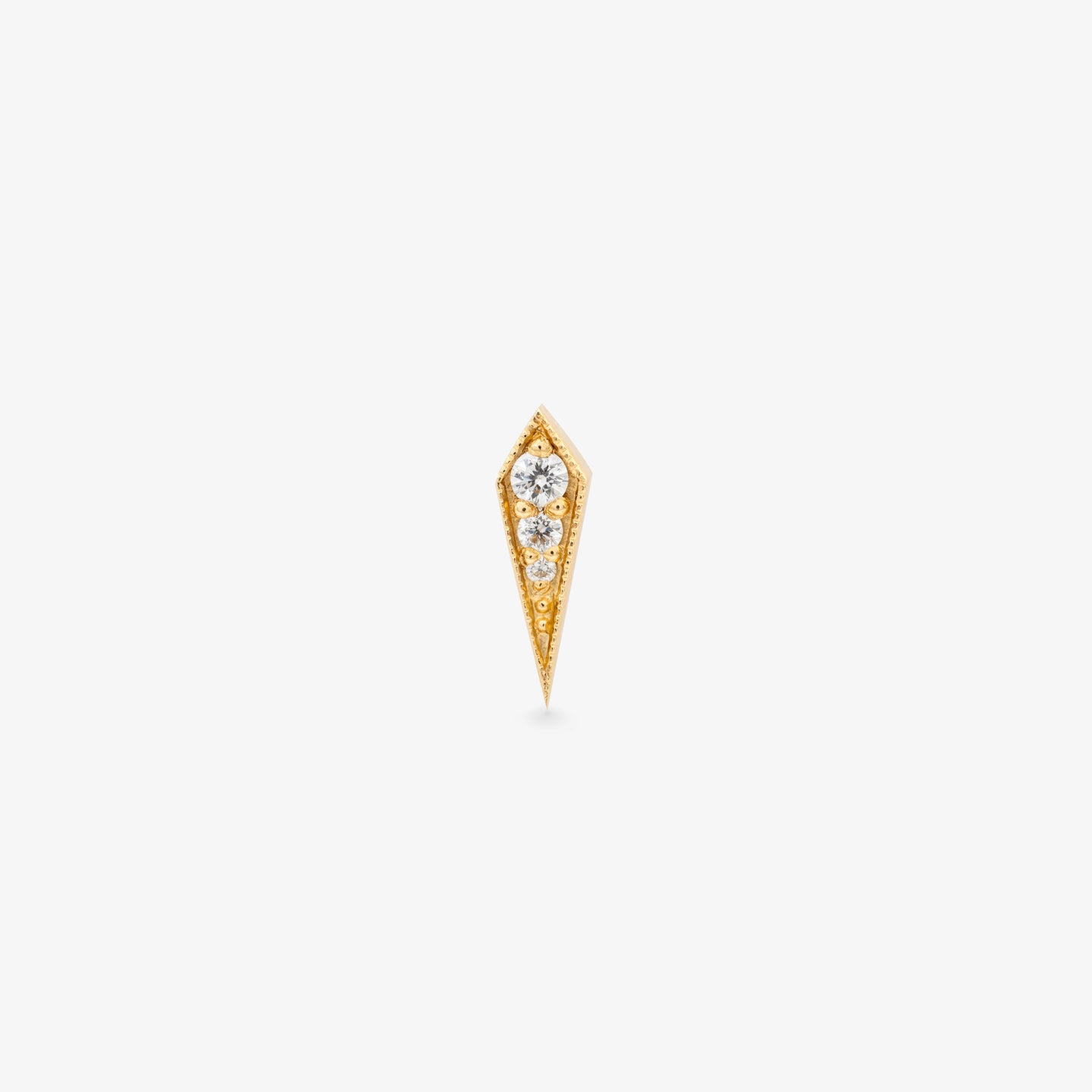 This is a large 18k gold stud shaped like a kite with 3 diamond accents color:null|18k gold/diamond