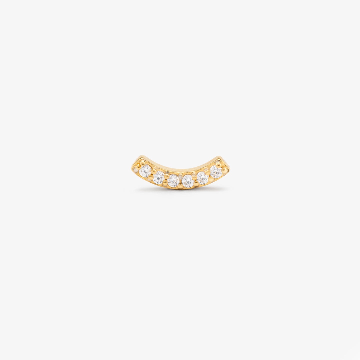 This is a 14k gold pavé stud in the shape of a curved bar color:null|gold/clear