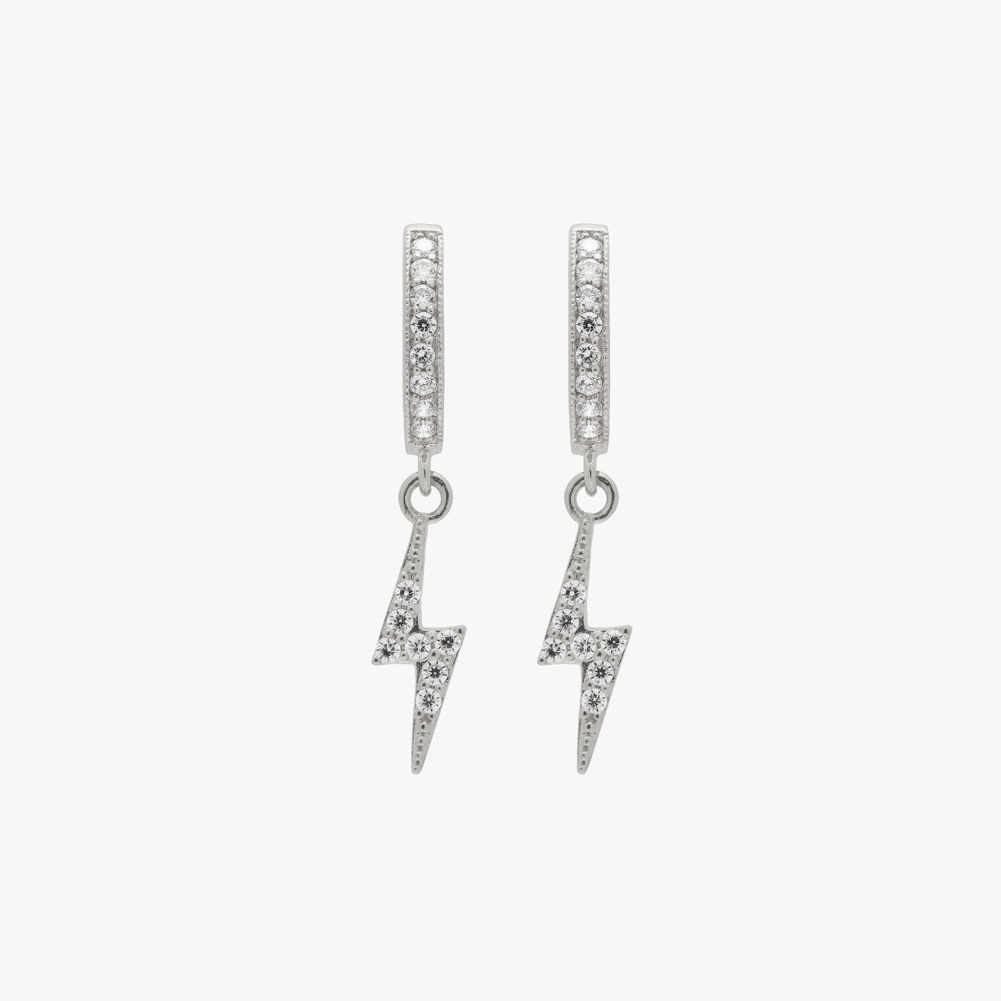 Silver lightning bolt with CZ accents attached to huggie. [pair] color:silver