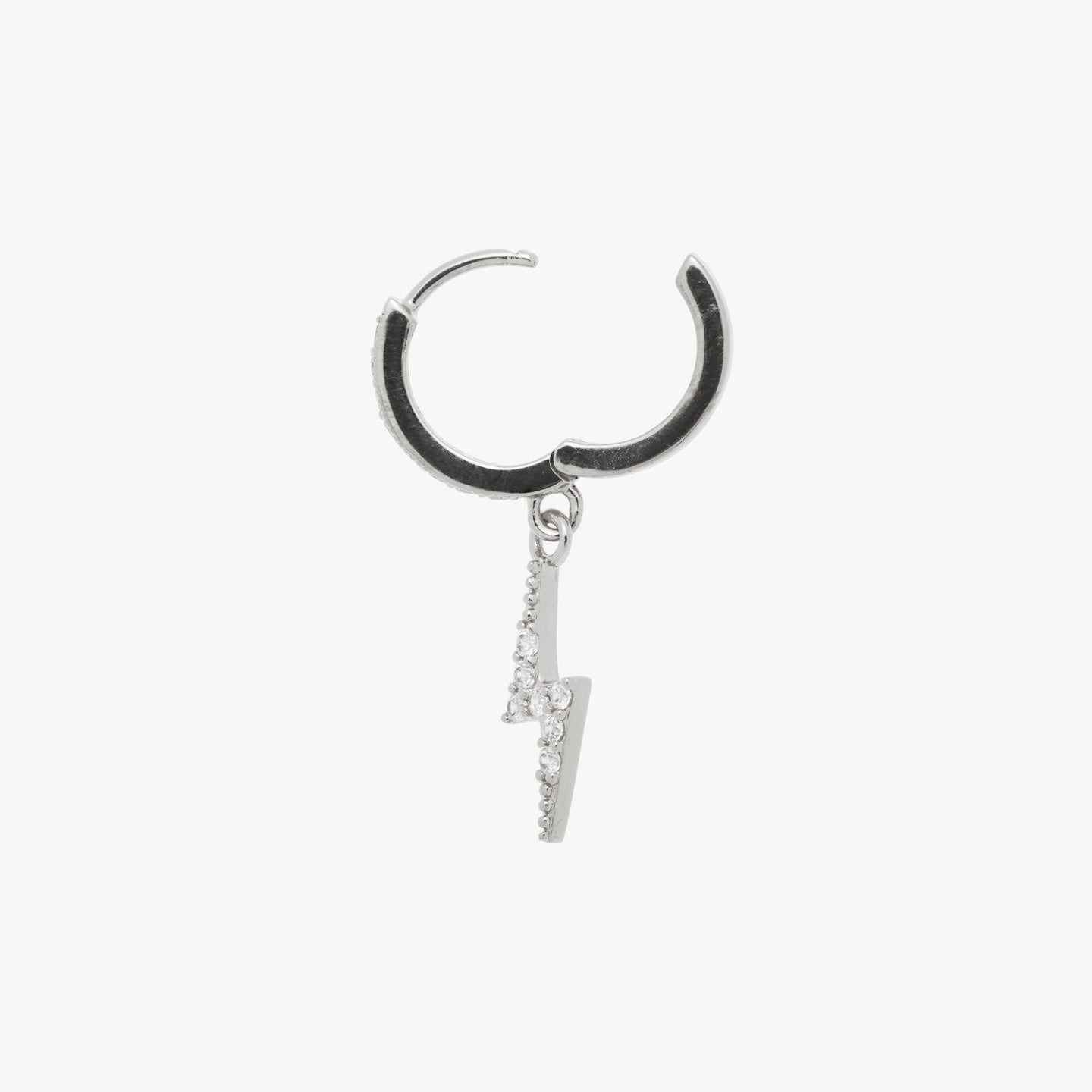 Silver lightning bolt with CZ accents attached to huggie. color:silver