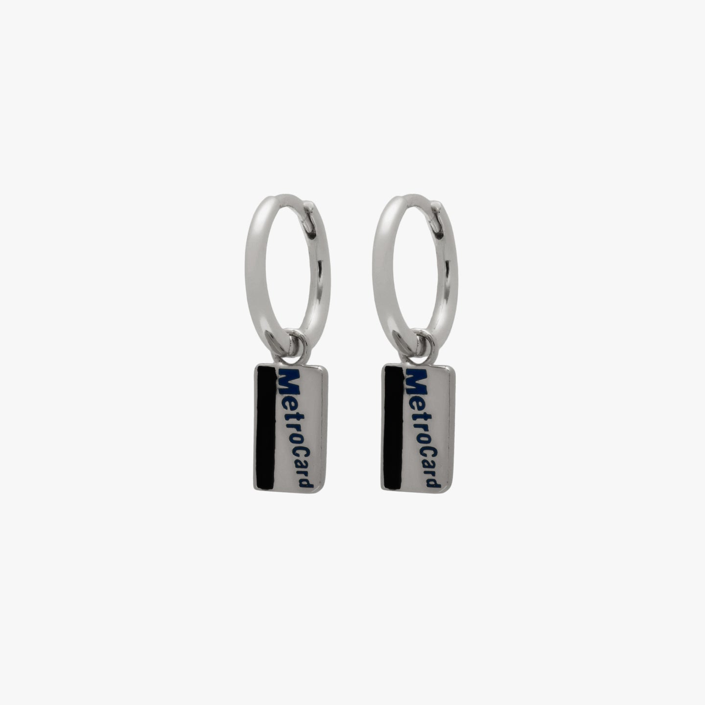 A pair of silver metro card charm huggies [pair] color:null|silver