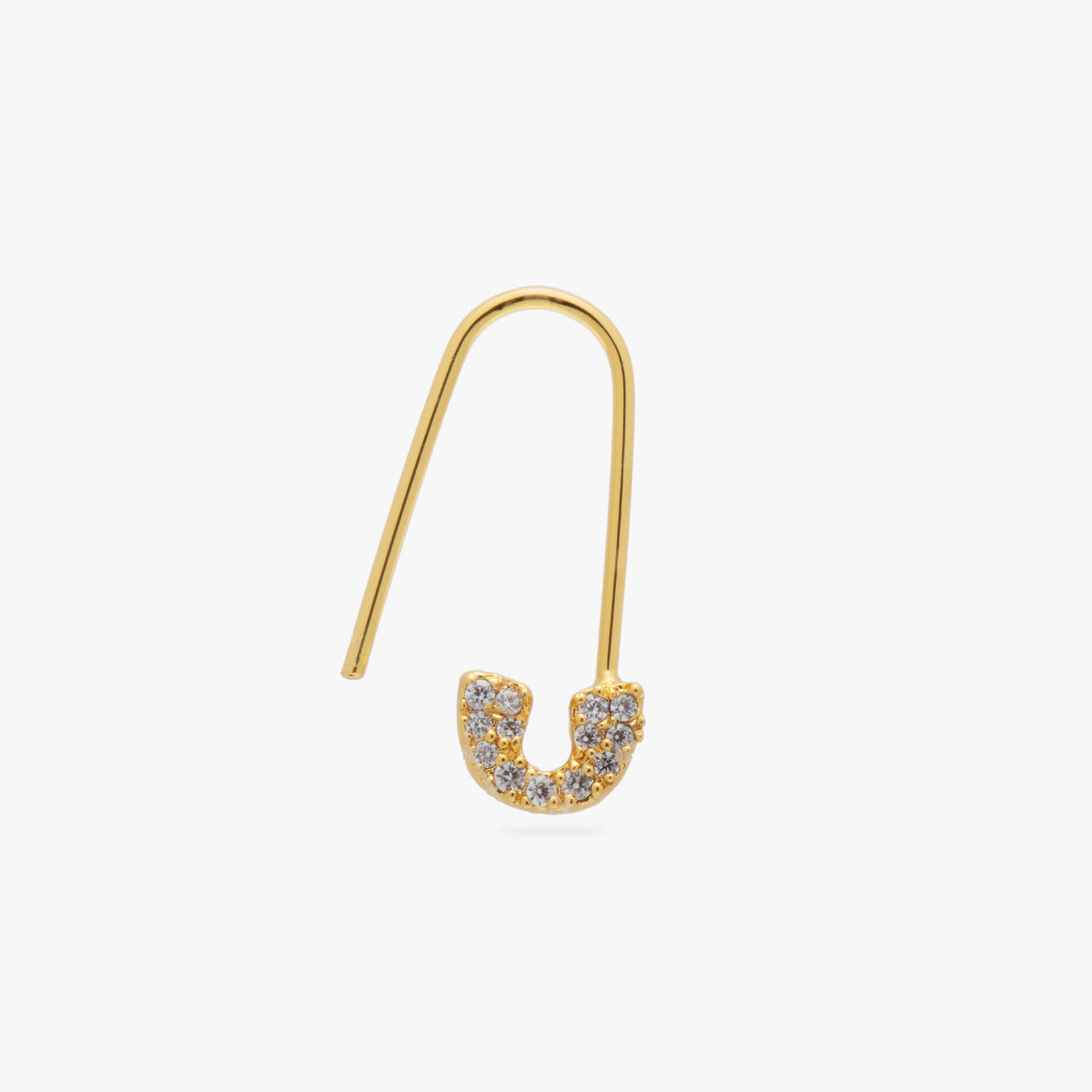 A gold plated pave safety pin shaped earring with clear cz stones open 