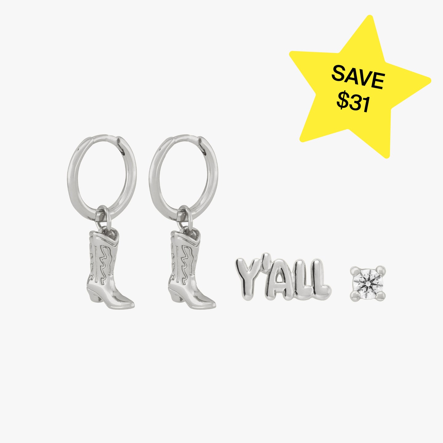 a set of two silver cowboy boot huggies, a silver y'all stud, and a silver small cz stud on ear color:null|silver