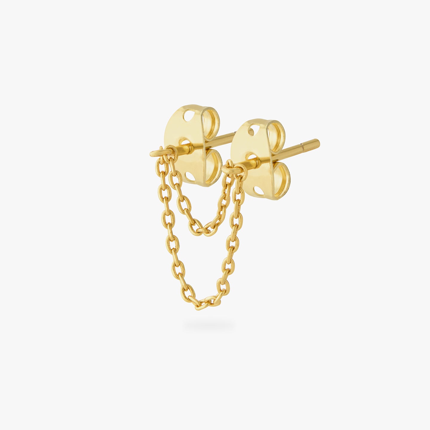 A gold double chain connector earring. color:null|gold