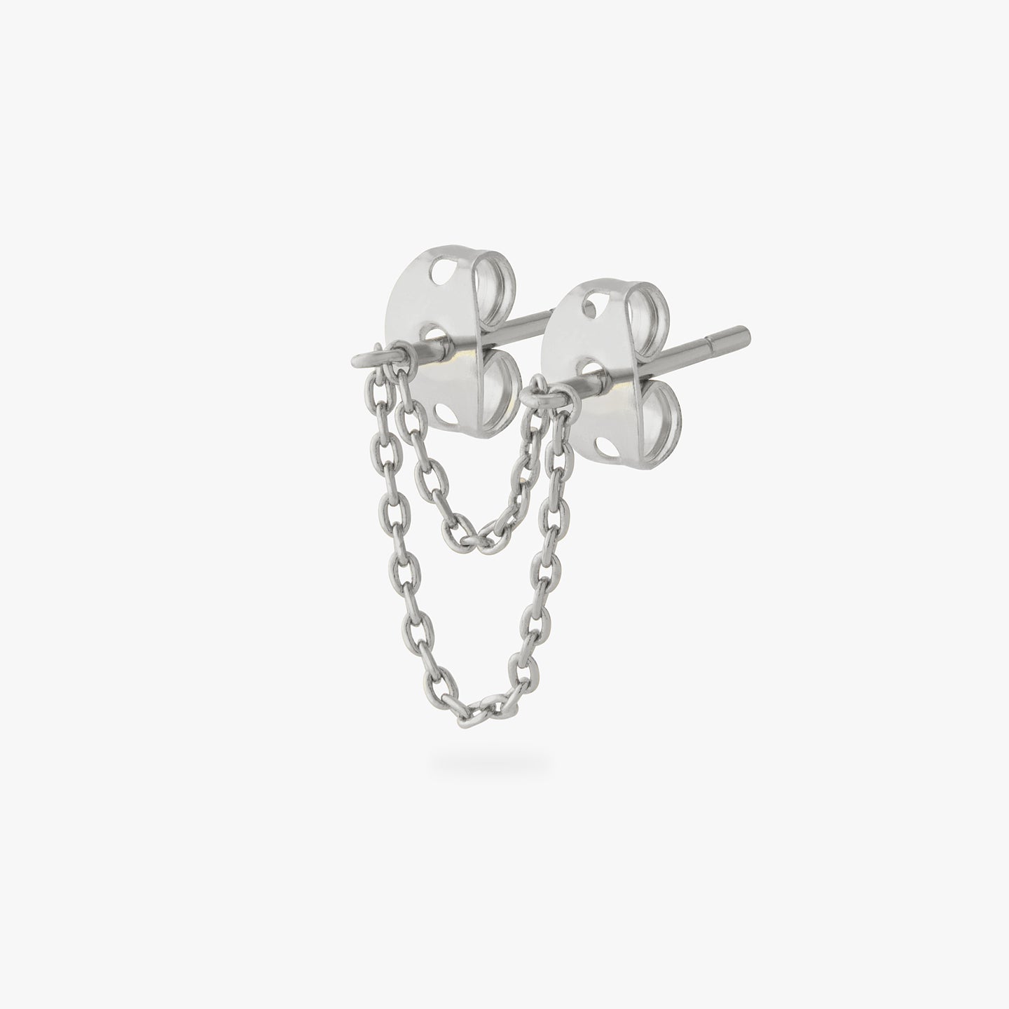 A silver double chain connector earring. color:null|silver