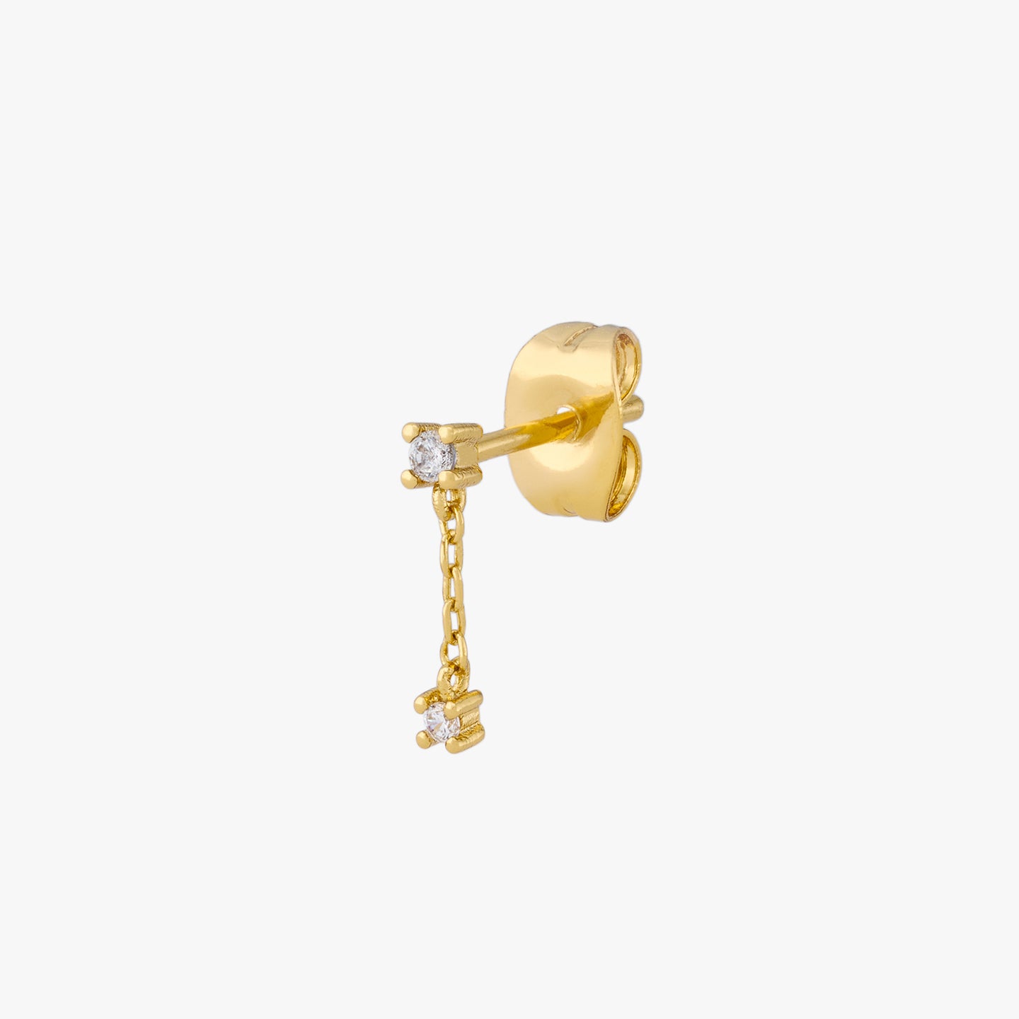 This is a small cz stud with a dangling cz connected by a gold chain color:null|gold/clear