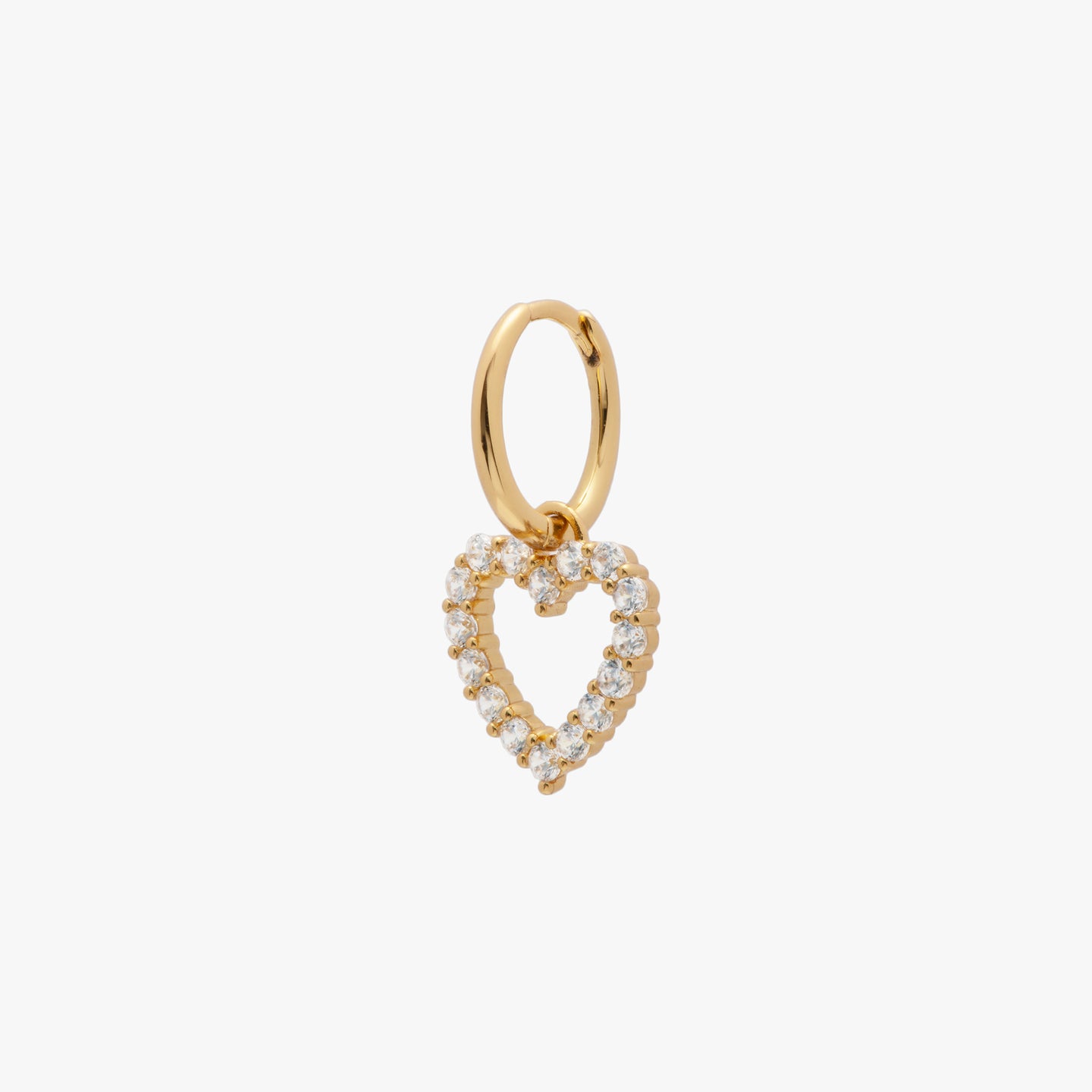 This is a gold huggie earring with a gold rhinestone encrusted heart dangle [hover] color:null|gold