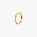 This is a small gold hoop with clear cz gems along the front color:null|gold/clear