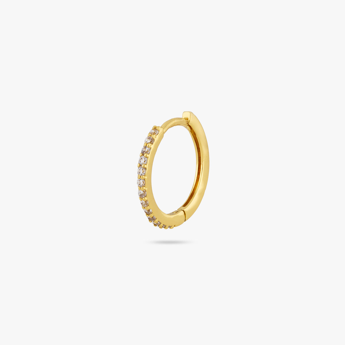 This is a small gold hoop with clear cz gems along the front color:null|gold/clear