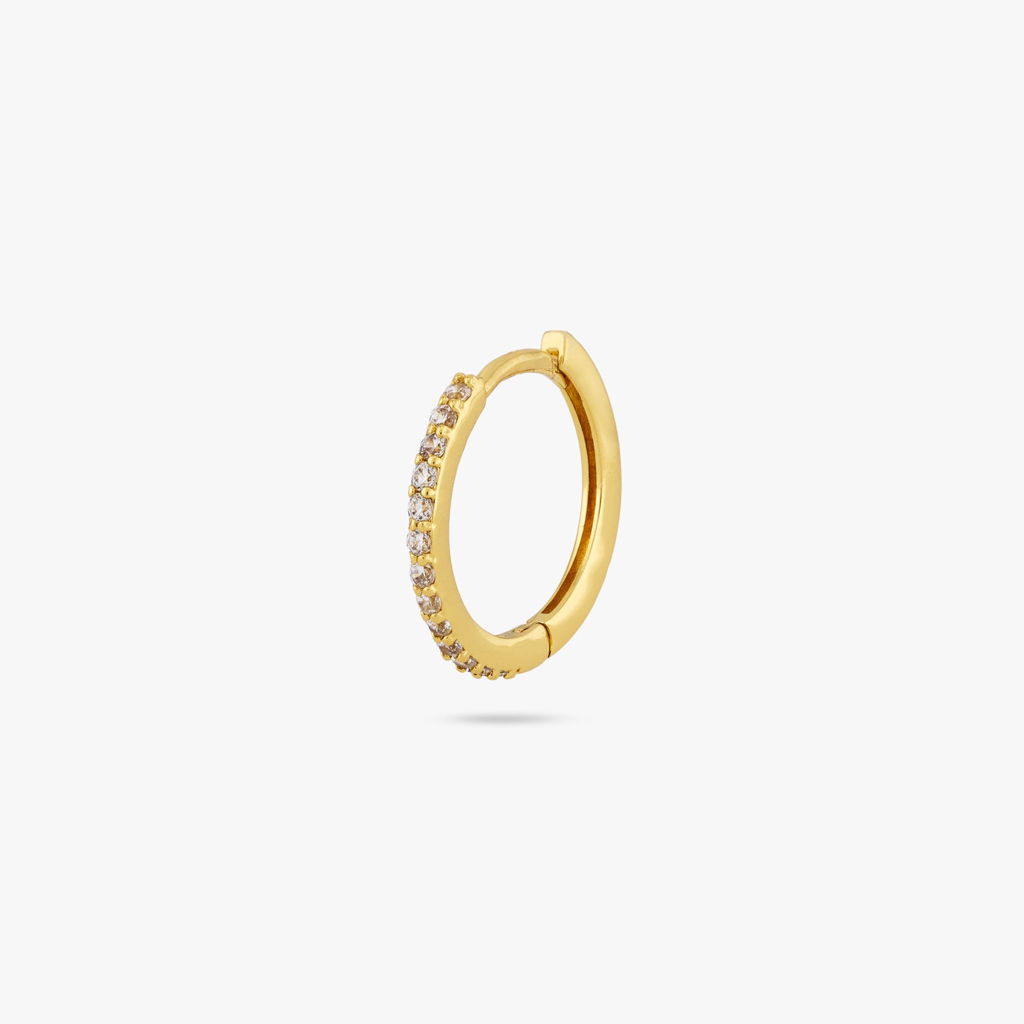 This is a small gold hoop with clear cz gems along the front color:null|gold/clear