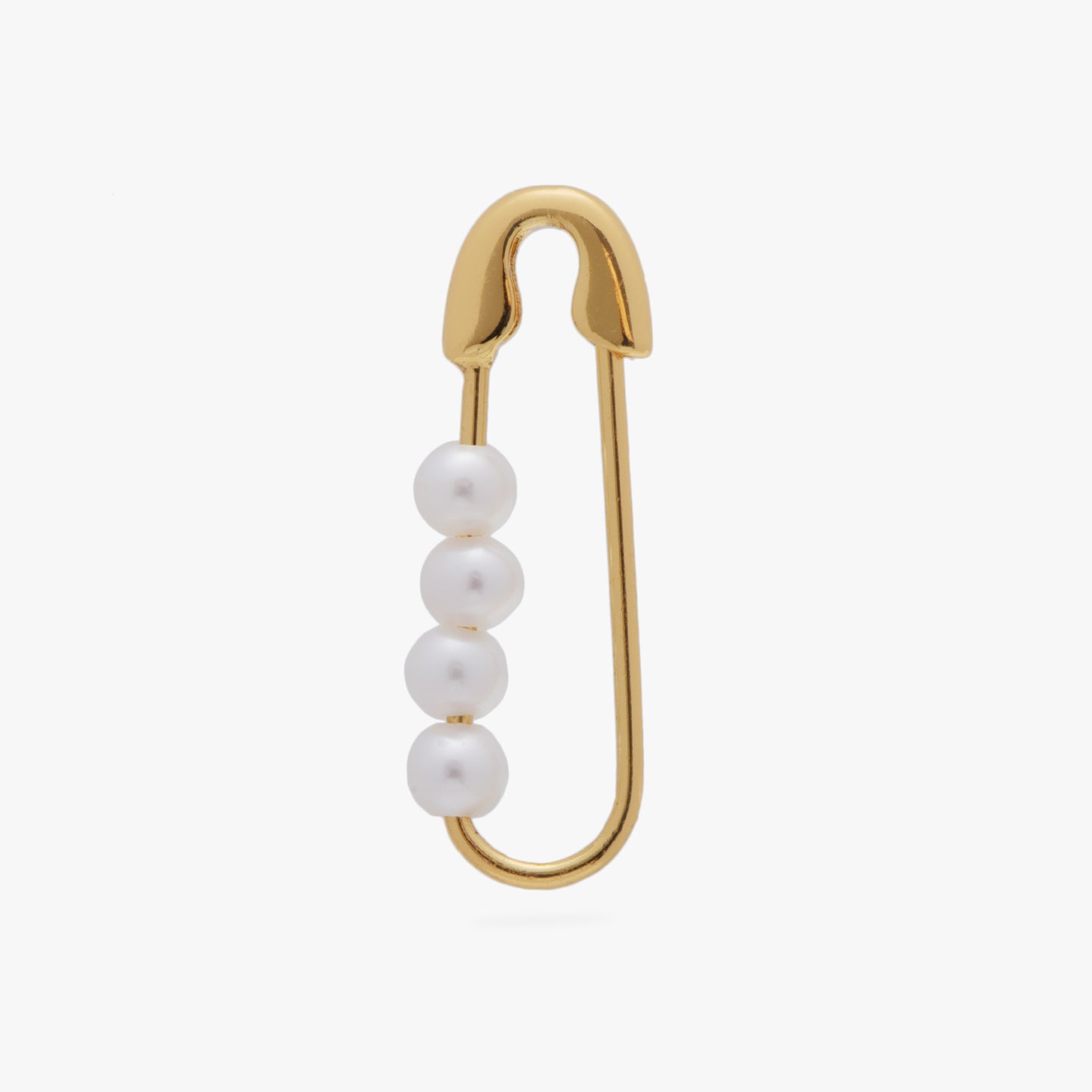 This is a small gold safety pin earring with pearl accents color:null|gold / gold|gold