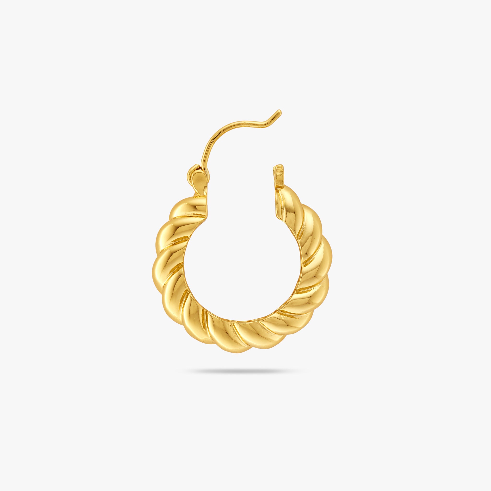 A medium sized gold hoop with french twist detailing and its clasp undone color:null|gold