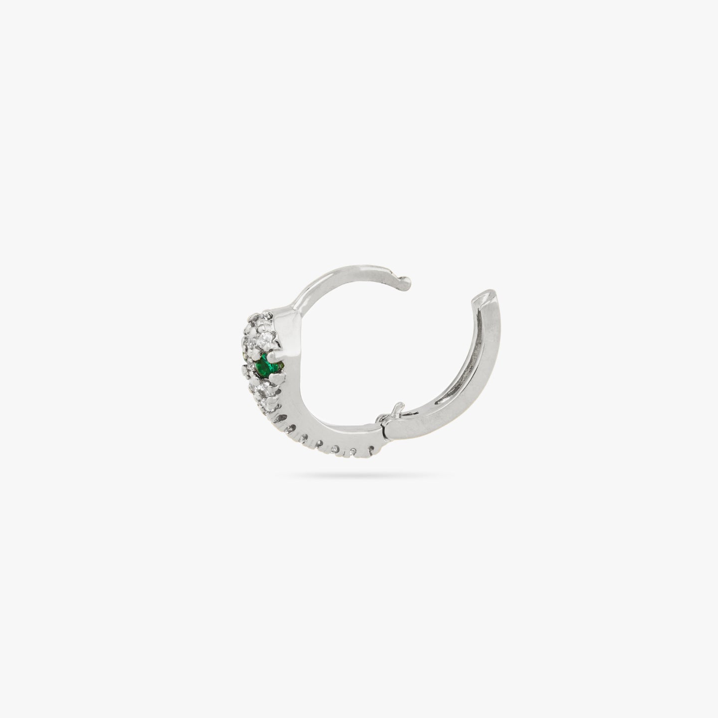 Silver pave gem lined serpent shaped huggie with green CZ eyes with the clasp undone color:null|silver/clear
