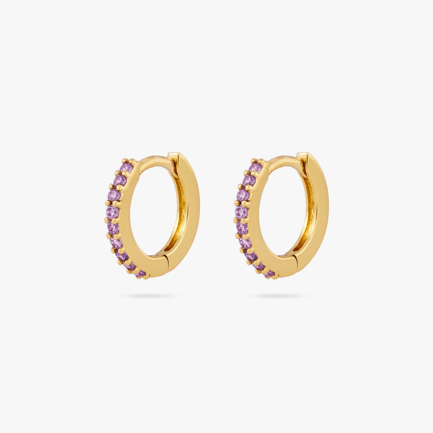 A pair of mini gold huggies lined with purple cz gems on the front [pair] color:null|gold/purple
