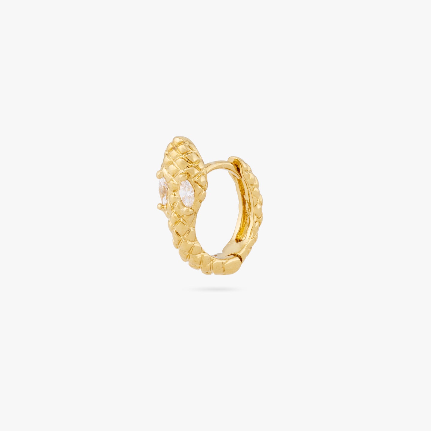 This is a gold serpent shaped huggie earring with clear CZ eyes color:null|gold