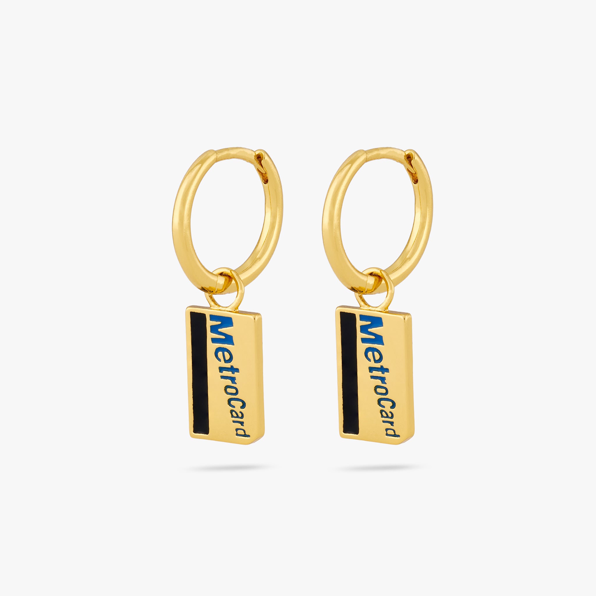 This is a pair of small gold huggies with metro card charm dangles [pair] color:null|gold