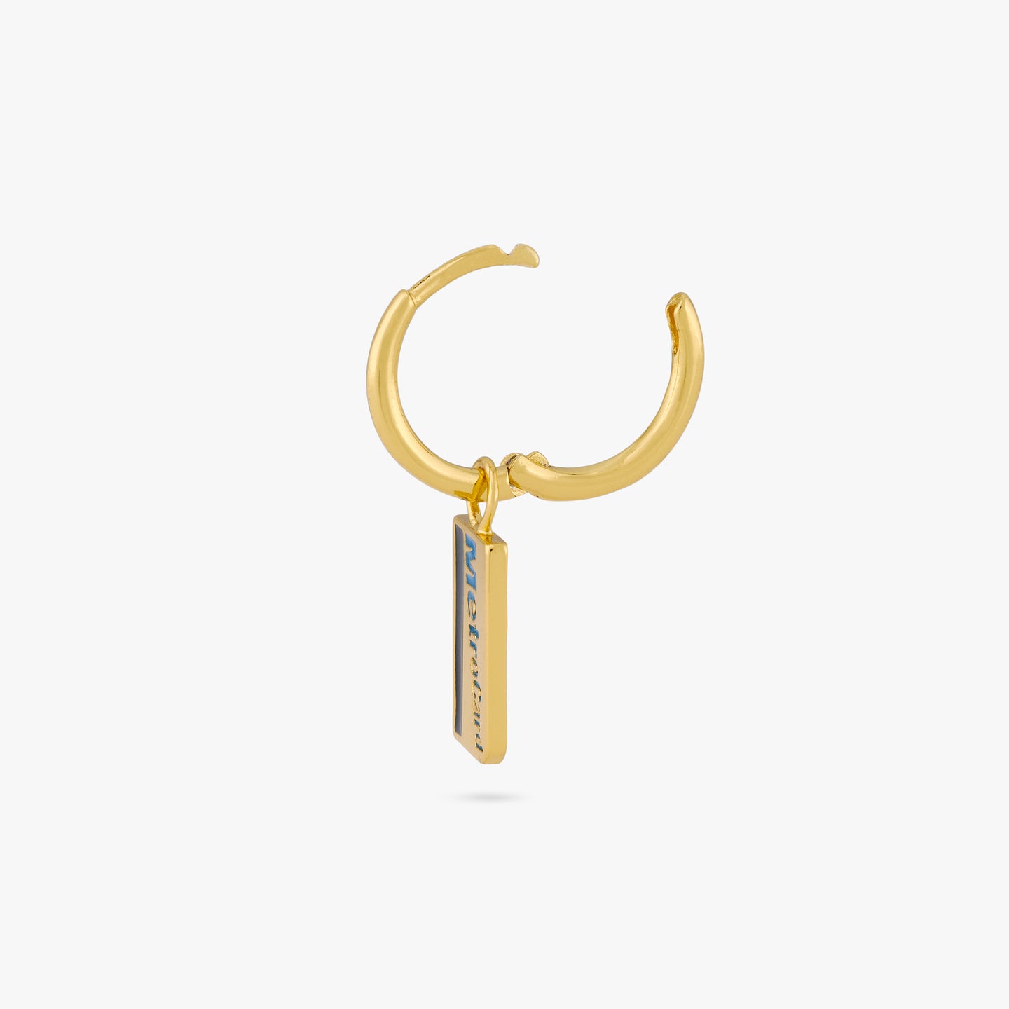 This is a small gold huggie with a metro card charm dangle and the clasp is undone color:null|gold