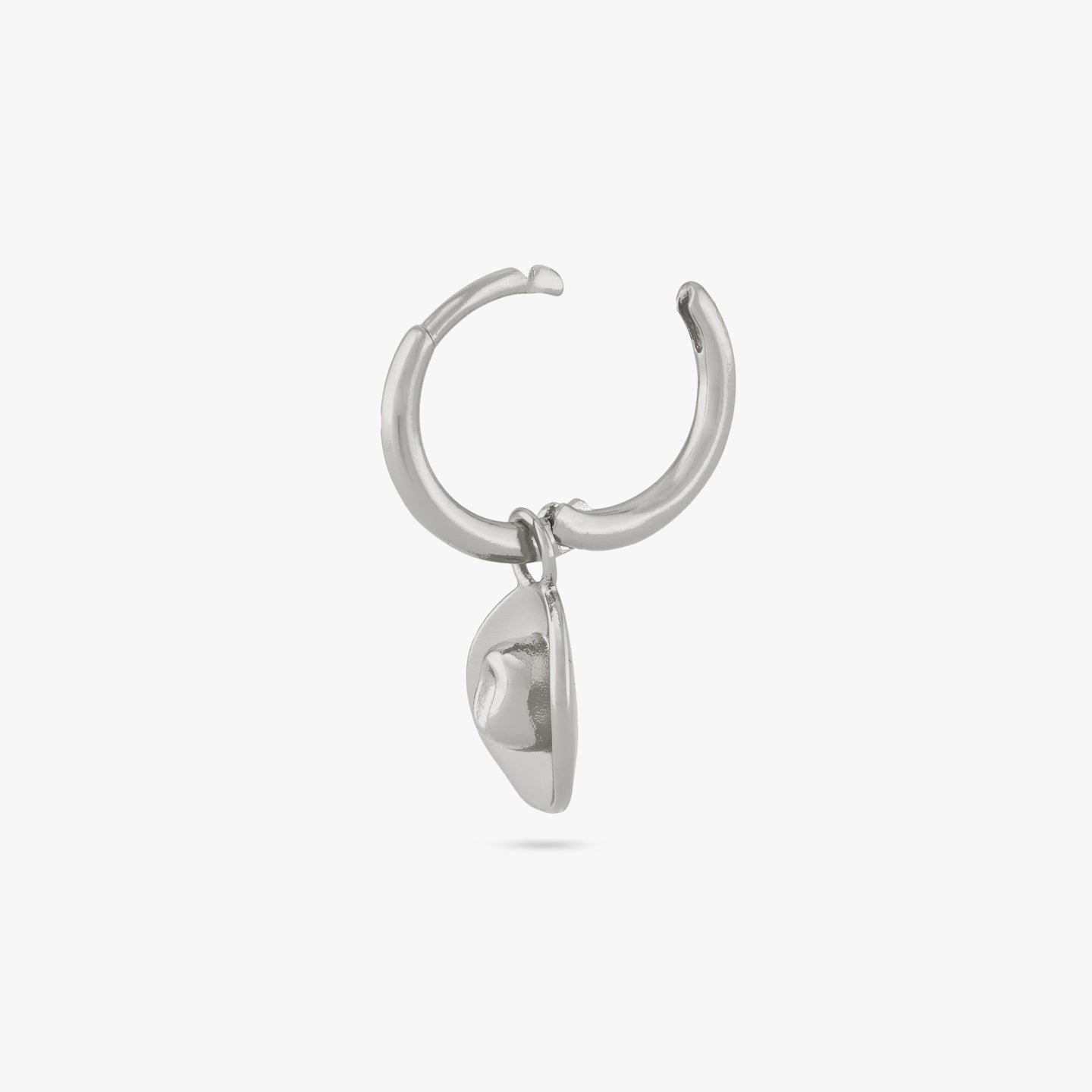 A small silver huggie with a cowboy hat charm with the clasp open color:null|silver