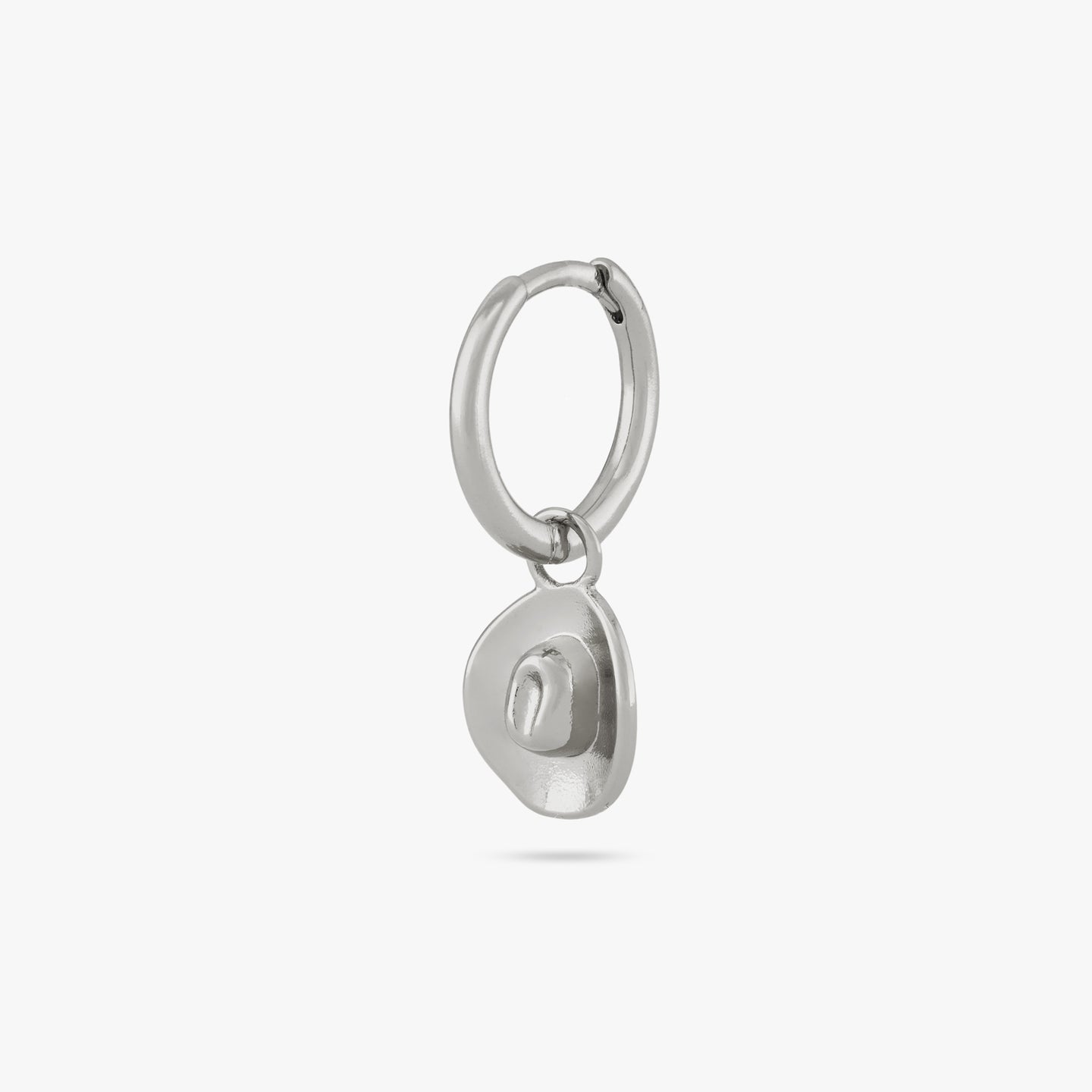 A small silver huggie with a cowboy hat charm color:null|silver