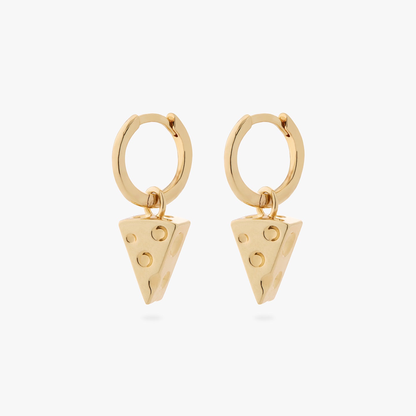 a pair of gold small slim huggies with gold charms shaped like pieces of cheese [pair] color:null|gold