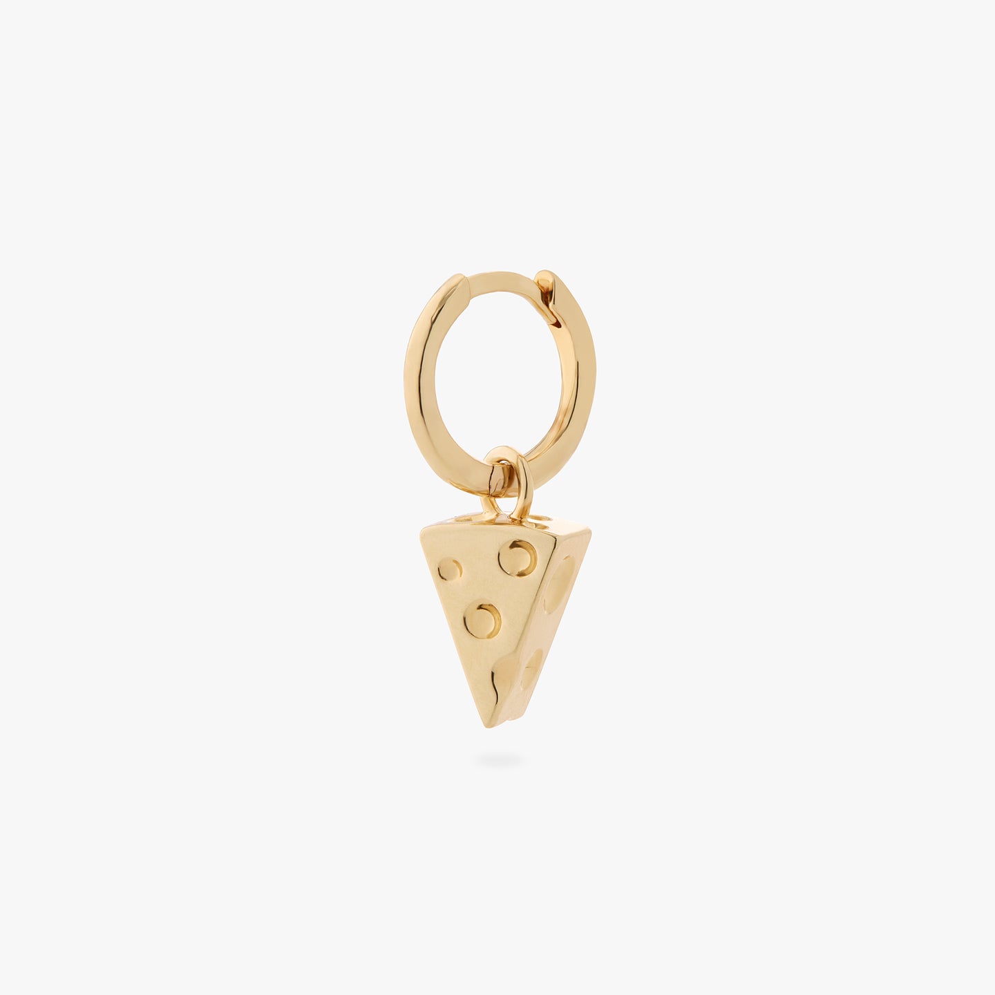 a gold small slim huggie with a gold charm shaped like a piece of cheese color:null|gold