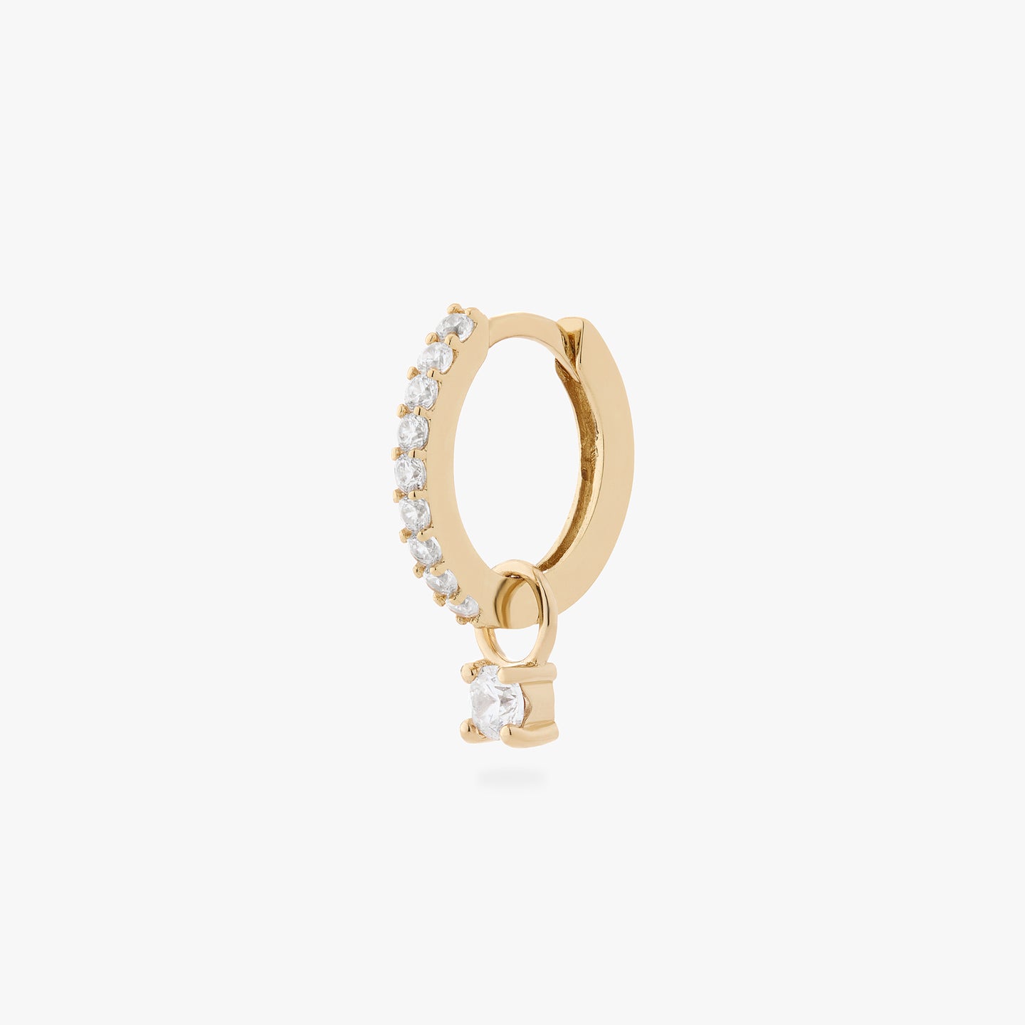 a gold/clear mini pave huggie with a clear cz charm color:null|gold/clear