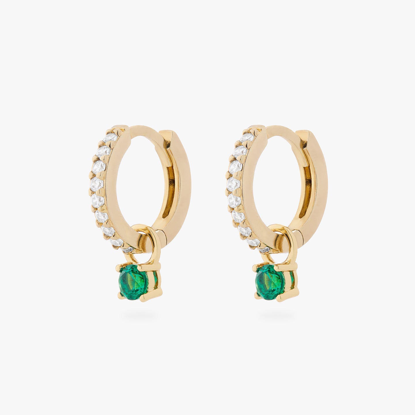 a pair of gold/clear mini pave huggies with green cz charms [pair] color:null|gold/green