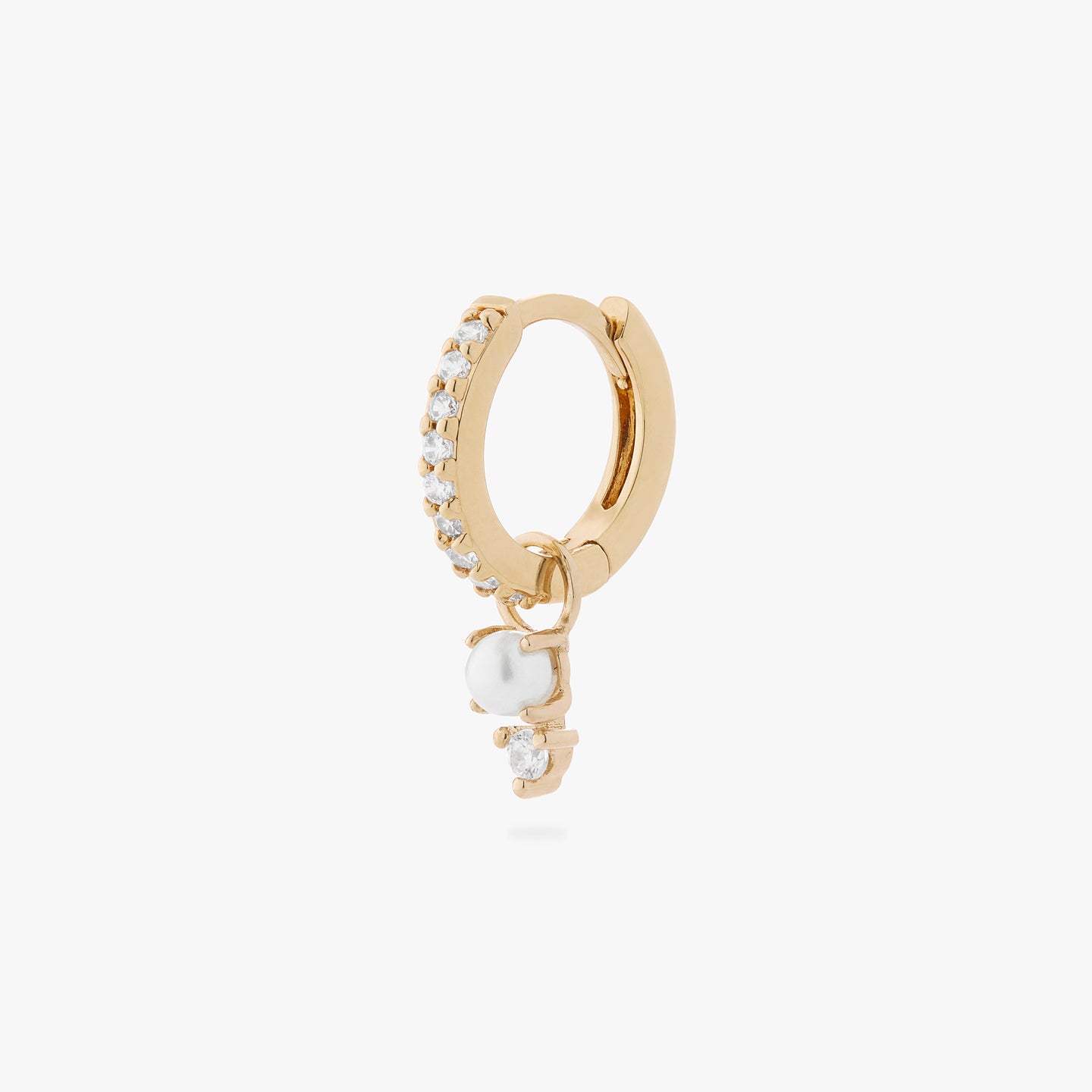 a mini pave huggie in gold/clear with a charm that has a stacked pearl and clear cz color:null|gold/pearl