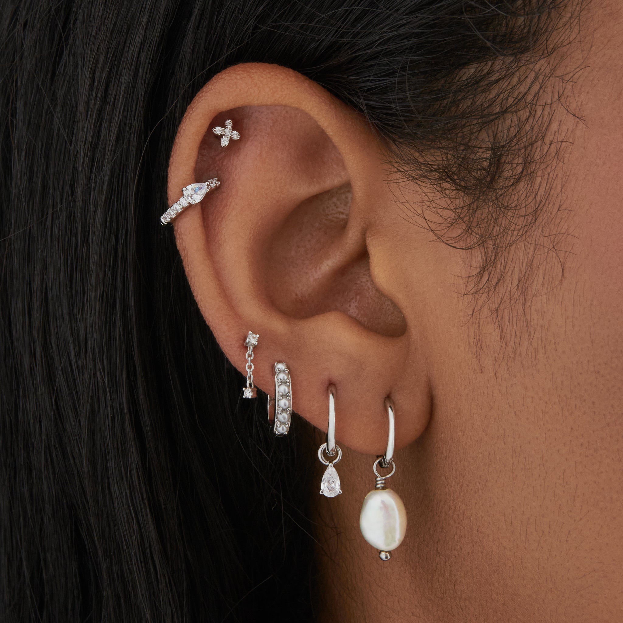 Dangling Baroque Pearl Huggie [hover] color:null|silver