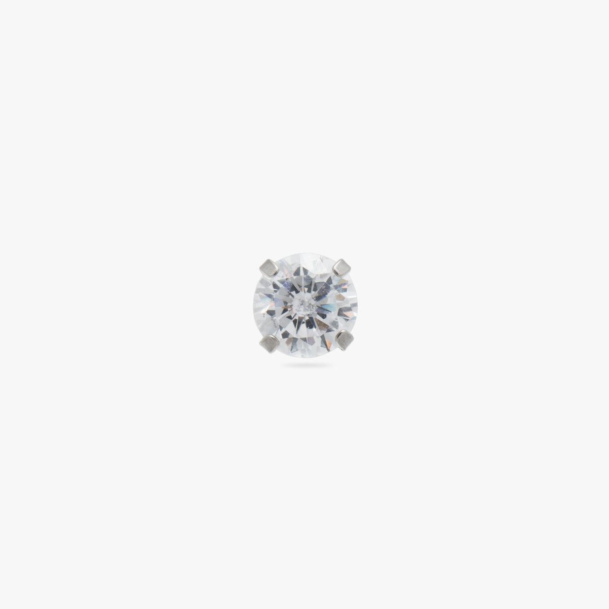 This image is a silver toned titanium flatback stud with a 4mm crystal CZ stone against a white background. - Main view