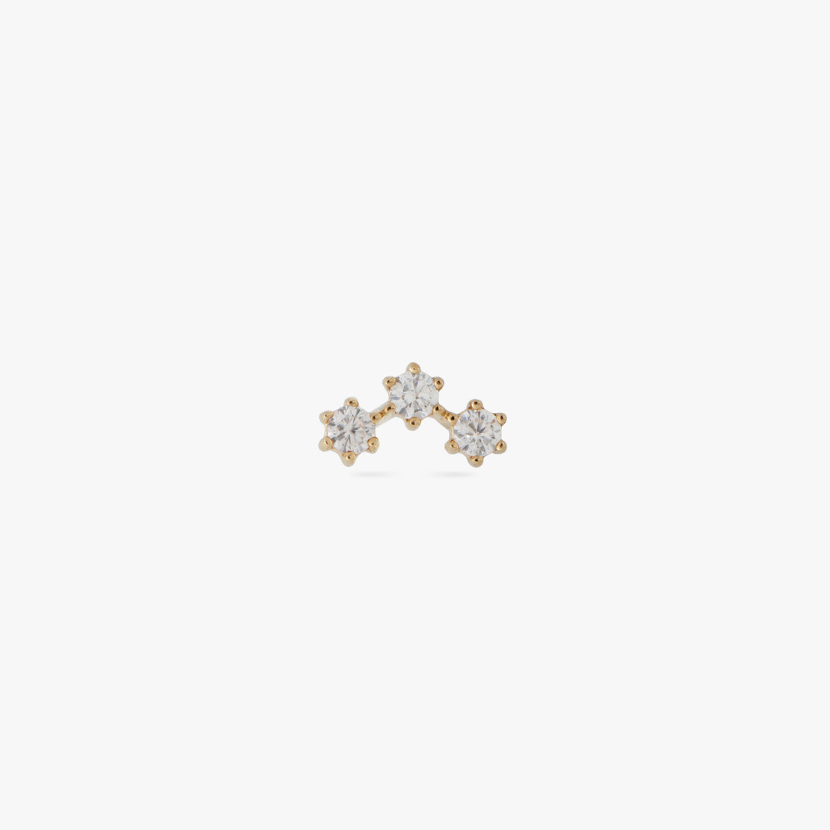 This image is a 14K gold flatback stud that features 3 crystal CZs in a cluster shape on a white background.