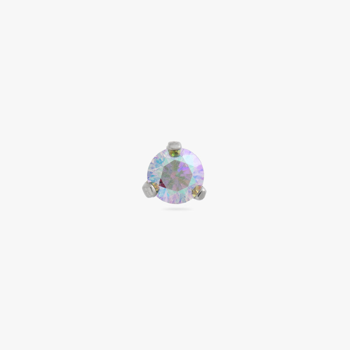 This image is a silver toned titanium flatback stud with an aurora borealis CZ stone against a white background.