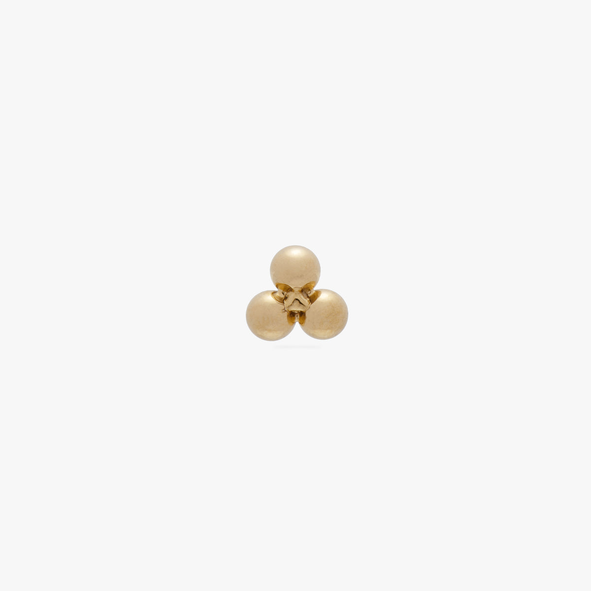 This image is a 14K gold flatback stud with a triad of three spheres against a white background. 